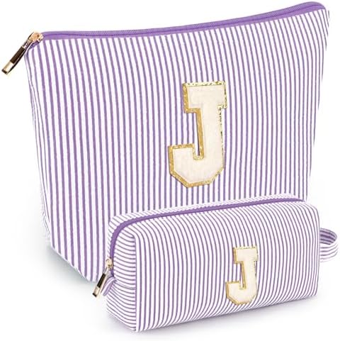 2 PCS Initial Makeup Bags for Women: Cosmetic Bag for Travel Toiletry - Birthday Gifts for 11 12 13 14 15 16 17 18 Years Old Girl Graduation Teacher Gift- Teen Girl Gifts Trendy Stuff - Purple J by mibasies