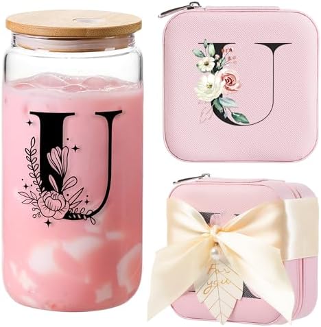 AYGXU Travel Gifts for Women Girls,Small Jewelry Organizer Box,Bridesmaid Proposal Gifts,glass cup with bamboo lid and straw,aesthetic cups,coffee cups,Graduation Gifts for Her Initial U pink by AYGXU