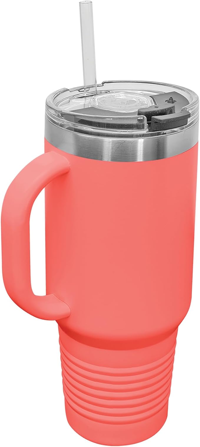 LaserGram 40oz Vacuum Insulated Travel Mug with Handle, Cup of Coffee, Personalized Engraving Included (Coral)