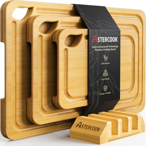 Astercook Nature Bamboo Cutting Boards for Kitchen with Wood Storage Stand, Reversible Charcuterie & Chopping Boards with Juice Grooves and Easy-Grip Handles by Astercook