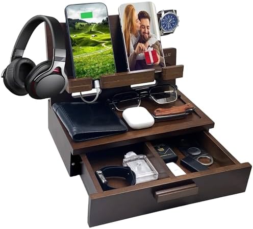 VEIYAILU Gifts for Men Women Him Husband Son Boyfriend Birthday Nightstand Organizer Wood Phone Docking Station Birthday Gifts (Deep Walnut) by VEIYAILUGiftsForMen
