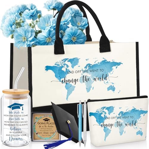 Vesici 8 Pcs Graduation Gifts Set for Women Her 2026 with Tote Bag Makeup Bag Bracelet Box Glass Cup Pens Class of 2026 Congratulations Graduate Gift Basket for College Senior Nurse(Blue) by Vesici