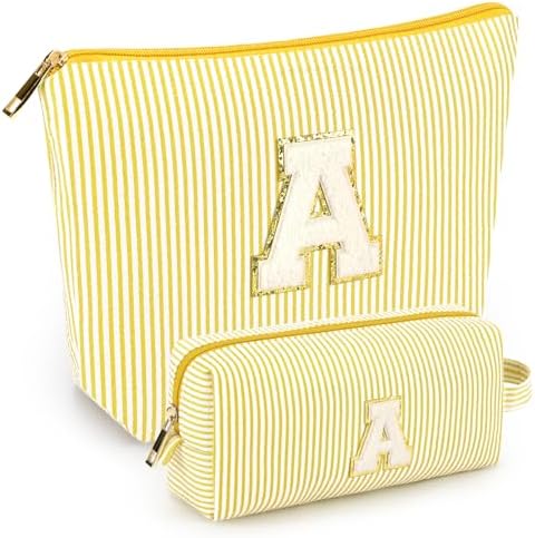 2 PCS Initial Makeup Bags for Women: Cosmetic Bag for Travel Toiletry - Birthday Gifts for 11 12 13 14 15 16 17 18 Years Old Girl Graduation Teacher Gift- Teen Girl Gifts Trendy Stuff - Yellow A by mibasies