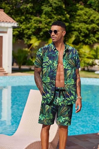 COOFANDY Men's Hawaiian 2 Piece Outfits Floral Button Down Shirt and Shorts Vacation Outfits Summer Beach Matching Set - Image 2