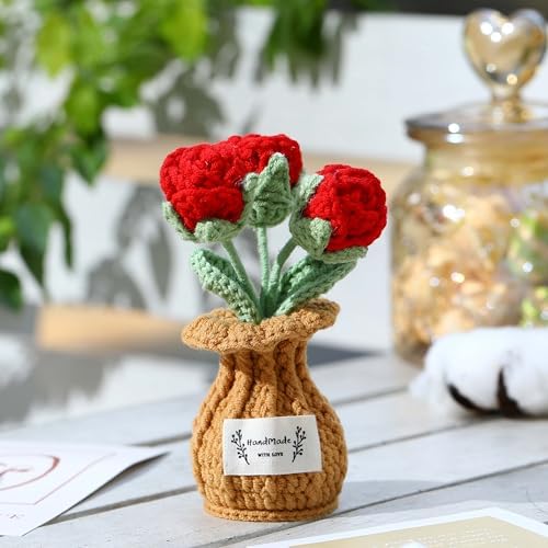 Crochet Rose Flower Potted Plant – Red, Valentines Day Gift for Her, Handmade Knitted Romantic Desk Decor - Image 5