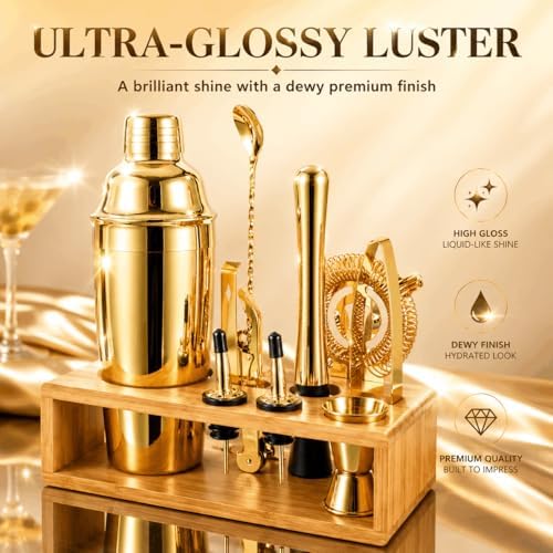 Gold Cocktail Shaker Set, Premium 18/8 Stainless Steel Mixology Bartender Kit with Stylish Bamboo Stand 10-Piece Bar Tools & Accessories for Home Bar for Men, Dad, Husband - Image 4