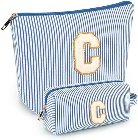 2 PCS Initial Makeup Bags for Women: Cosmetic Bag for Travel Toiletry - Birthday Gifts for 11 12 13 14 15 16 17 18 Years Old Girl Graduation Teacher Gift- Teen Girl Gifts Trendy Stuff - Blue C by mibasies