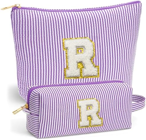 Initial Makeup Bag for Women - Toiletry Bag, Portable Cosmetic Bag Make up Kit Pouch | Travel Essentials Cute Makeup Bag Birthday Gifts for Women, Purple Letter R by Fohufo
