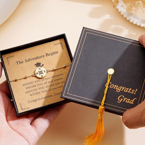 2026 Graduation Bracelet for Her-14K Gold/Silver Plated Compass Bracelet with Grad Cap Gift Box Graduation Gift for Middle High School College Graduates - Image 4