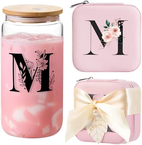 AYGXU Initial Glass Cups with Lids and Straws, Jewelry Case for Women, Jewelry Box Organizer, Coffee Cups, Travel Gifts for Women Essentials, Initial M Pink by AYGXU