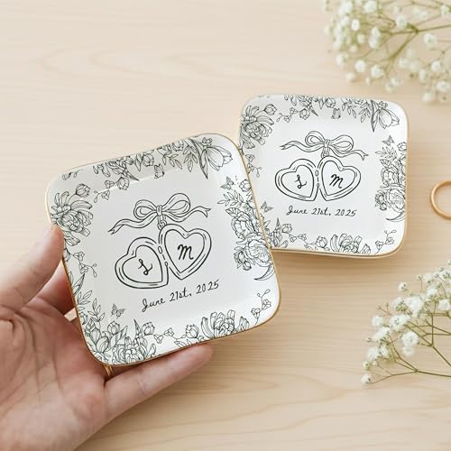 LOVELYPOD Personalized Floral Engagement Trinket Tray, Custom Couple Name Jewelry Dish, Personalized Wedding Gift for Couple, Bridal Shower Gifts, Sentimental Gift for Bride, 02 - Image 5