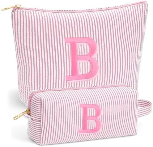 Birthday Gifts for Women - Custom Initial Makeup Bag Set, Portable Makeup Pouch Cosmetic Bag with Zipper, Travel Essentials Toiletry Bag Travel Gifts for Women, Light Pink B by Fohufo
