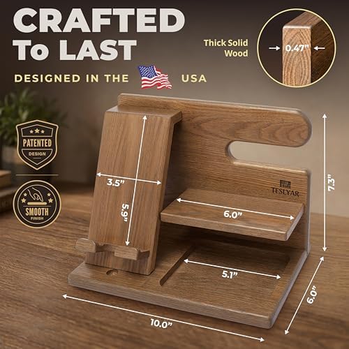 TESLYAR Wood Phone Docking Station for Men - Desktop or Nightstand Organizer - Birthday Gifts for Men, Dad - Anniversary Idea from Wife - Key Holder, Stand Wallet, Watch & Essentials (Earth Beige) - Image 5
