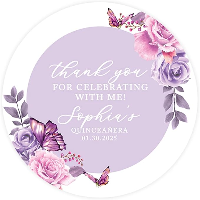 Andaz Press 40-Pack Personalized 2" Round Circle Quinceañera Labels, Lilac Butterflies Custom Thank You Sticker Labels for Quince Años, XV, 15th Birthday Favor Gifts, Quinceanera Decorations