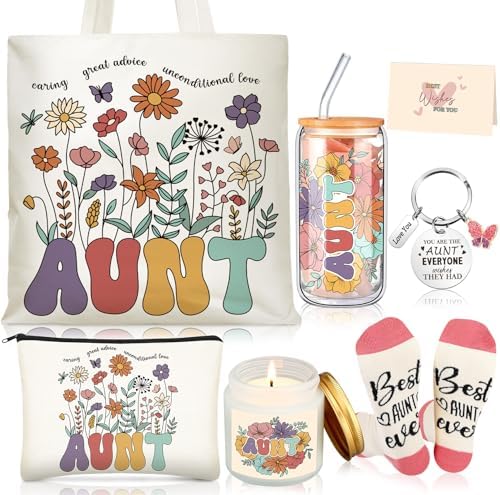 Funnymoom 6 Pcs Auntie Gifts for Women, Best Aunt Brithday Gifts from Niece Nephew with 17 oz Glass Cup Canvas Tote Bag for Auntie Birthday Wedding by Funnymoom