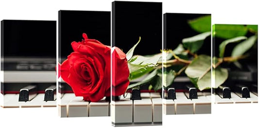 Wieco Art Red Rose on Piano Modern 5 Panels Stretched and Framed Floral Giclee Canvas Prints Artwork Flowers Music Pictures Paintings on Canvas Wall Art for Bedroom Kitchen Home Decorations