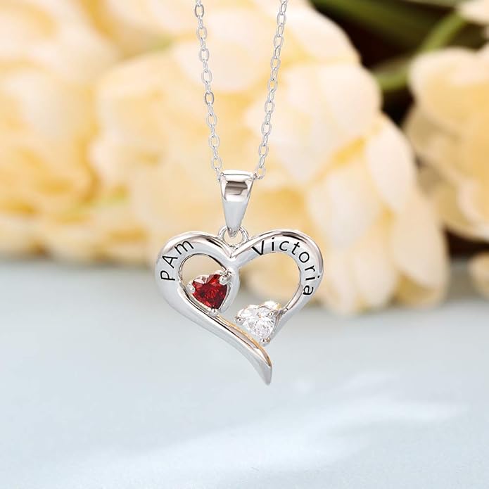 Sterling Silver Personalized 2 Names Necklace with 2 Heart Simulated Birthstone Couple Pendant Necklace for Women