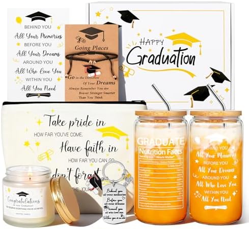 Graduation Gifts for Women Her 2026, Graduation Gift Box Set, College High School Graduation Present College Master Doctor Include 16OZ Glass Cup & Handheld Sail Bag & Bracelet (White) by Unknown