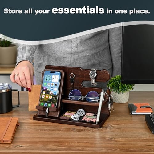 TESLYAR Wood Phone Docking Station for Men - Desk or Nightstand Organizer - Birthday Gifts for Husband, Dad - Anniversary Idea from Wife - Key Holder, Stand Wallet, Watch, Essentials (Chocolate Brown) - Image 5