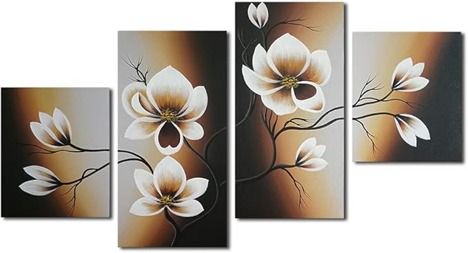 Wieco Art Large Modern 4 pcs 100% Hand Painted Gallery Wrapped Abstract Floral Oil Paintings on Canvas Wall Art Yellow Flowers Bloom Artwork Ready to Hang for Living Room Bedroom Home Decorations L