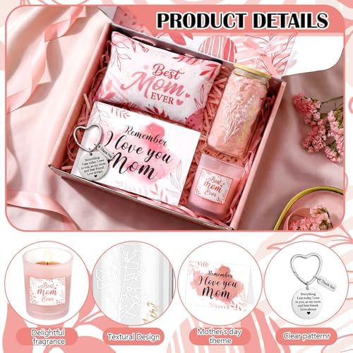 Bokon 6 Pcs Birthday Gifts for Mom Best Mom Ever Gifts Box Set with 16oz Glass Cup Scented Candle Makeup Bag from Daughter Son for Wife Mother Day Party(Pink) - Image 4