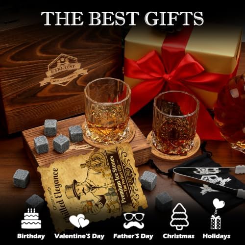Whiskey Stones Gift for Men, Whiskey Glasses Set of 2 with Premium Wood Box - Image 3