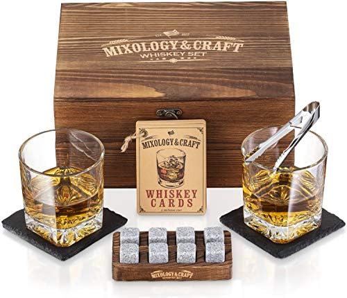 Mixology & Craft Whiskey Stones Gift Set – Includes Two 10oz Crystal Whiskey Glasses, 8 Granite Chilling Rocks, Slate Coasters, Metal Tongs, Cocktail Recipe Cards, Elegant Wooden Storage Box by MixologyCraft