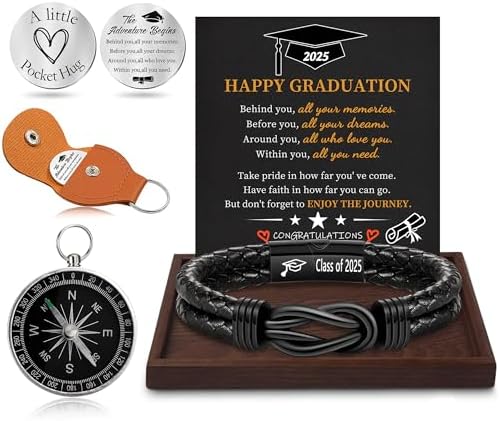 Graduation Gifts for Him, 2025 High School Graduation Gifts Class of 2025 Teen Gift Trendy Stuff Leather Bracelet for Men with Pocket Hug Token Compass College Middle 5th 8th Grade Masters Degree Graduate Knot Jewelry for Son Grandson Boyfriend by BTYSUN