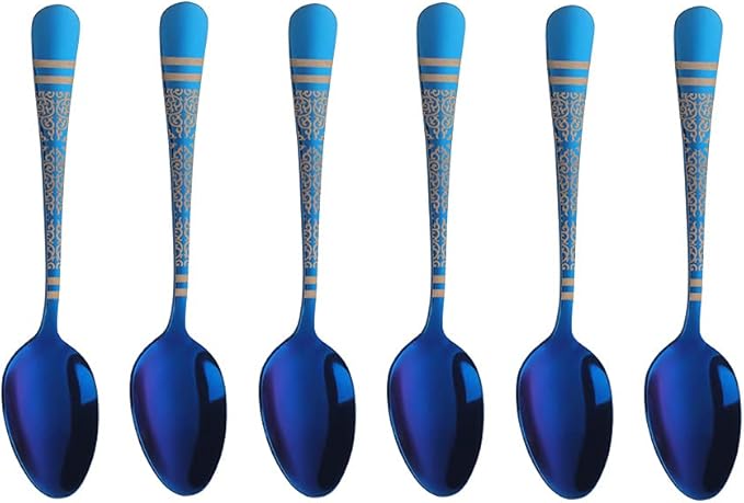 Blue Unique Pattern Design Coffee Espresso Spoons Mini, Mingcheng Stainless Steel Small Teaspoons Silverware Set of 6, BISDARUN 5.5 Inches Food Spoons for Demitasse Dessert Tea