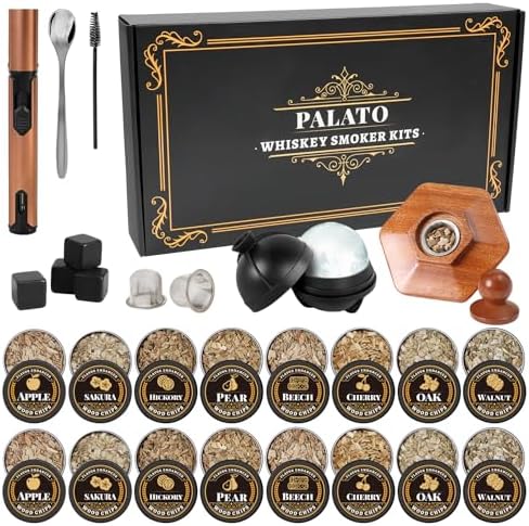 27Pcs Whiskey Smoker Kit with Torch- 16 Wood Chips,Ice Ball Molds, Cocktail Smoker Infuser Kit, Old Fashioned Drink Smoker Kit, Birthday Bourbon Whiskey Gifts for Husband,Men,Dad(No Butane) by PALATO