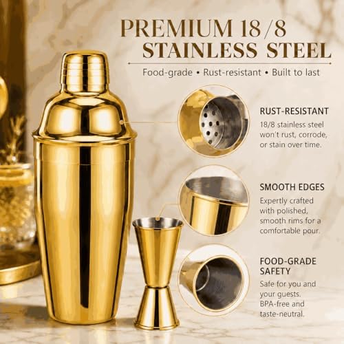 Gold Cocktail Shaker Set, Premium 18/8 Stainless Steel Mixology Bartender Kit with Stylish Bamboo Stand 10-Piece Bar Tools & Accessories for Home Bar for Men, Dad, Husband - Image 3