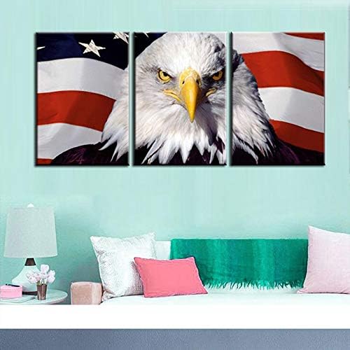Patriotic Pictures for Living Room USA Flag and Bald Eagle Head Artwork White Red Stripes Paintings 3 Piece Canvas Wall Art Contemporary Home Decor Framed Ready to Hang Posters and Prints(42''Wx20''H)