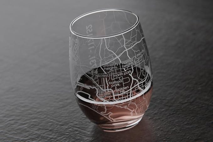 Well Told Engraved San Diego California Map Stemless Wine Glass, Etched Glass (15 oz, Clear) City Custom Gifts for Lovers