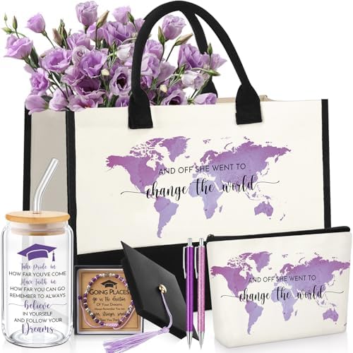 Vesici 8 Pcs Graduation Gifts Set for Women Her 2026 with Tote Bag Makeup Bag Bracelet Box Glass Cup Pens Class of 2026 Congratulations Graduate Gift Basket for College Senior Nurse(Purple) by Vesici