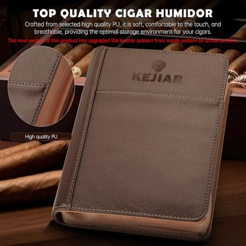 KEJIAR Cigar Humidor Case, Portable Cigar Box with Straight Cutter, V Cutter, Hole Puncher, Humidifier Packs, Travel Humidor and Cigar Accessories Gift Set Leather Cigar Case (Brown) - Image 4