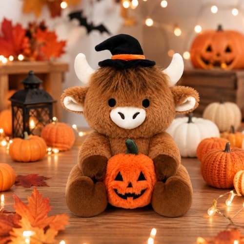 Halloween Plush- 10inch Highland Cow Stuffed Animals Toy Holding a Pumpkin - Image 4
