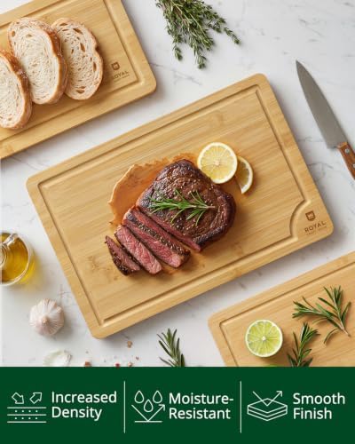ROYAL CRAFT WOOD Wooden Cutting Boards for Kitchen Meal Prep & Serving - Bamboo Wood Serving Board Set with Deep Juice Groove Side Handles - Charcuterie & Chopping Butcher Block for Meat - Image 3