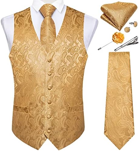 DiBanGu Mens Vest and Tie Set Formal Paisley Waistcoat and Necktie Pocket Square Cufflinks Silk Suit Vest for Tuxedo Wedding by DiBanGu