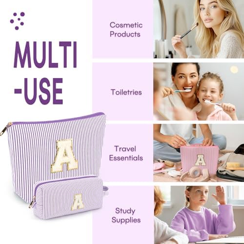 2 PCS Initial Makeup Bags for Women: Cosmetic Bag for Travel Toiletry - Birthday Gifts for 11 12 13 14 15 16 17 18 Years Old Girl Graduation Teacher Gift- Teen Girl Gifts Trendy Stuff - Purple R - Image 4