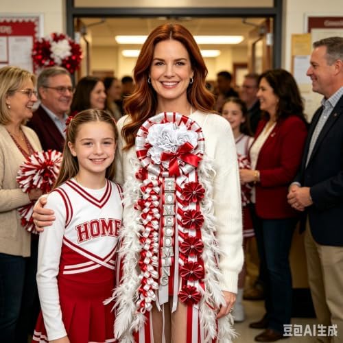 31'' Advanced Large Homecoming Mum Supplies Luxury Silk Homecoming Mum Flower with Feather Red White Silver Satin Ribbon Senior Night Back to School Week Party Decor - Image 2