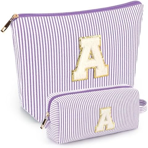 2 PCS Initial Makeup Bags for Women: Cosmetic Bag for Travel Toiletry - Birthday Gifts for 11 12 13 14 15 16 17 18 Years Old Girl Graduation Teacher Gift- Teen Girl Gifts Trendy Stuff - Purple A by mibasies
