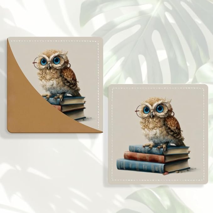 2PCS Leather Bookmarks 3.54 x 3.54 Inch Cute Owl with Glasses on Books Design Reading Accessories for Books Journals Bibles Travel Diary Students Teachers and Book Lovers Gift