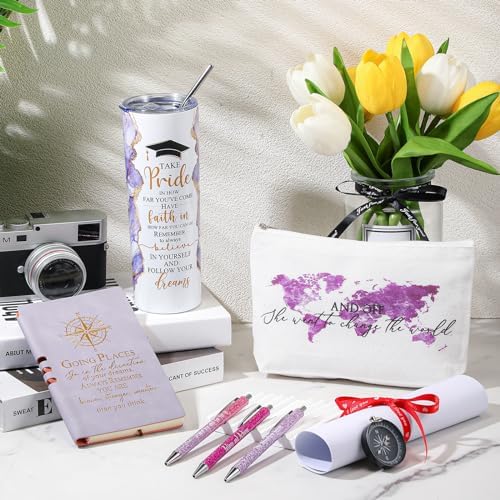 Domensi 6 Pcs Class of 2026 Graduation Gifts for Her Women Purple 20 oz Tumbler Makeup Bag Journal Ballpoint Pen Inspirational Graduation Gifts Set for College High School Daughter Sister Friend - Image 4