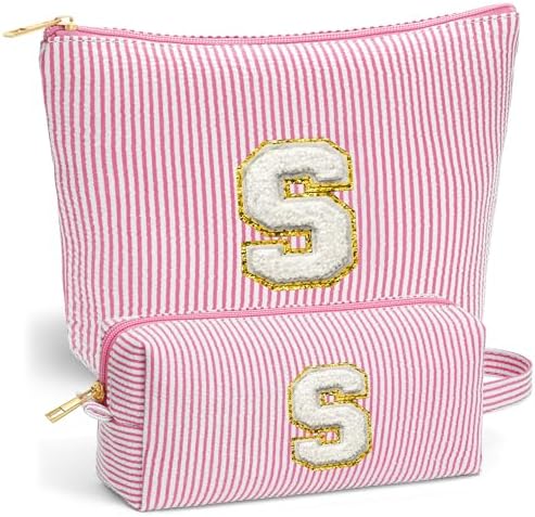 Sister Birthday Gifts for Girls - Travel Makeup Bag, Big Sister Gifts for Girls 6-12 Year Old Girl Gift Teen Girl Gifts Trendy Stuff, Cute Stuff Initial Makeup Bags Set, Pink Letter S by Fohufo