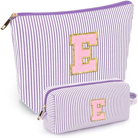 mibasies 2 PCS Initial Makeup Bags for Women: - Birthday Gifts for Teen Girls 11 12 13 14 15 16 Years Old - Preppy Trendy Stuff - Cosmetic Bag for Travel Toiletry - Purple E by mibasies