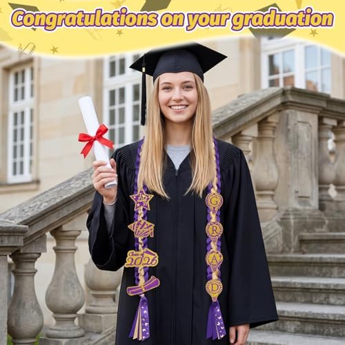 Class of 2026 Graduation Leis,Golden&Purple Double Ribbon Lei Set,Handmade 8Pcs Graduation Charms Accessory,Graduation Gift for Her Him - Image 2