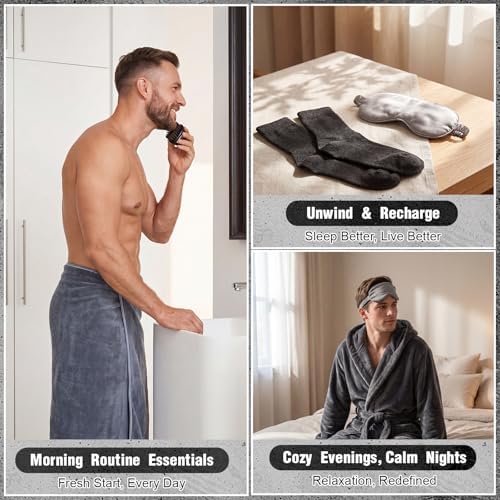 9 Pcs Birthday Gifts for Men Beard Care Set for Him Father's Gifts Basket Kit Get Well Soon Gift Basket with Hooded Robe, Long Towel, Socks for Dad Grandpa Husband Boyfriend(Dark Grey) - Image 5