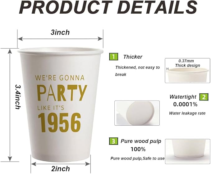 SharkBliss 1956 70th Birthday Party Cups 9oz Gold 20 Pack for Him Her – Party Like It's 1956
