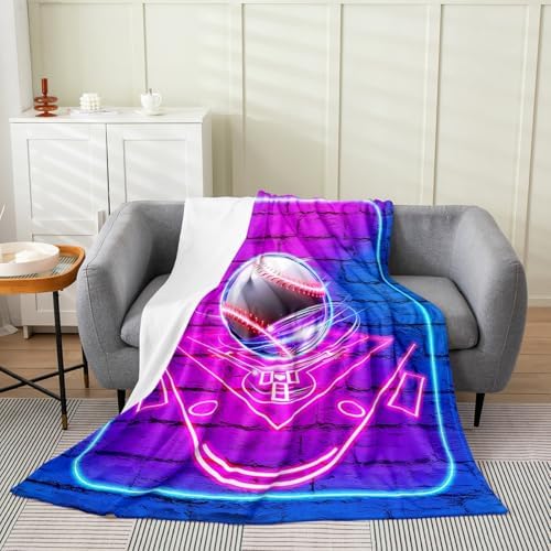 Erosebridal Baseball Flannel Blanket Twin 60x80 Inch Brick Neon Fleece Blanket Light Strip Geometric Fuzzy Plush Throw Square Purple Living Room Decor by Erosebridal