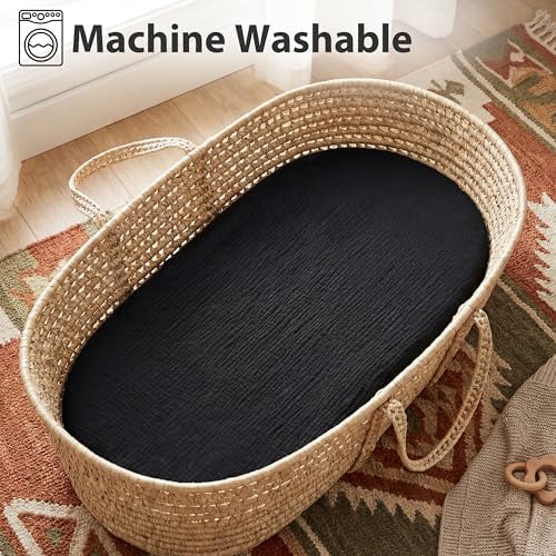 Pro Goleem Muslin Bassinet Sheet for Boys and Girls, Soft Breathable Fitted Cotton Baby Sheets Set for Oval Hourglass and Rectangular Bassinet Mattress, Neutral,1 Pack (Black) - Image 5